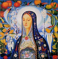 Peinture contemporaine de Ste Hildegarde entour&eacute;e des fleurs et des fruits, de plantes m&eacute;dicinales.