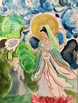 « La Miséricorde de Guanyin » : Aquarelle et peinture à l'huile